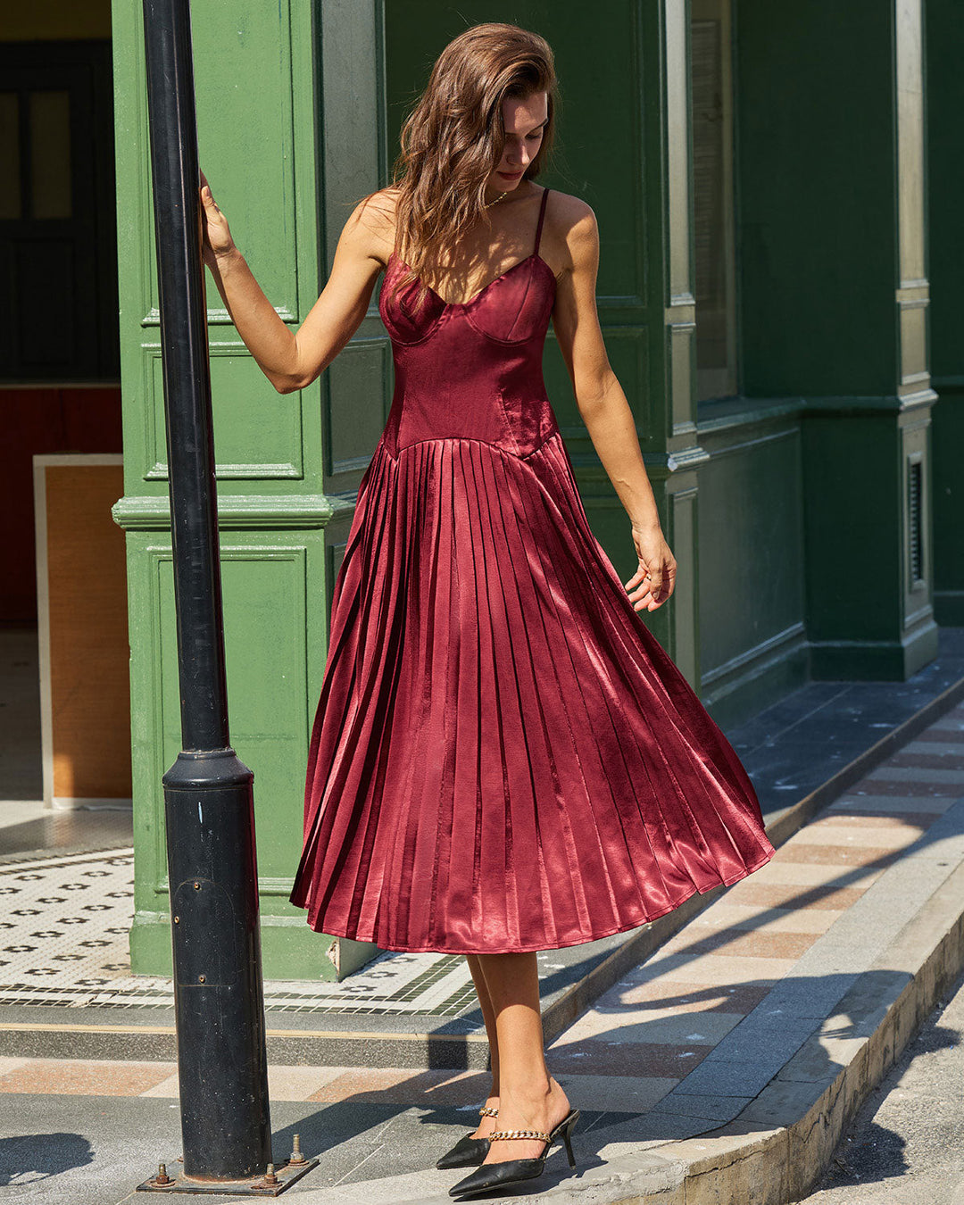 Morgan and Brooke | Ruched A-Line Slip Midi Dress in Wine Red