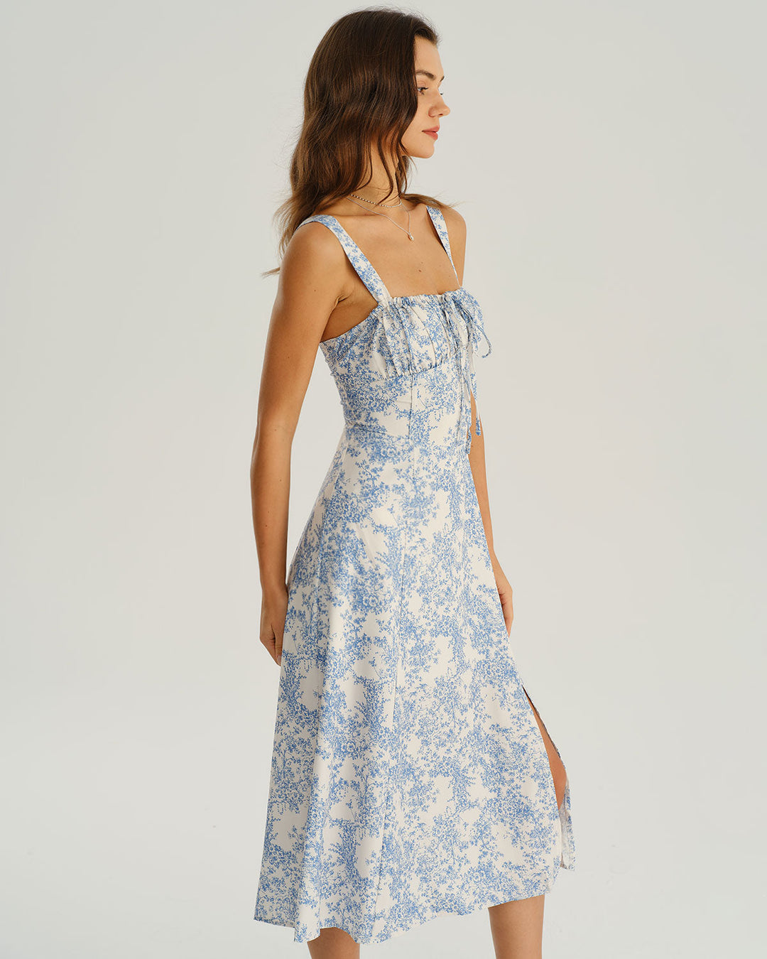 Morgan and Brooke | Floral Ruched Slip Midi Dress for Women in Blue