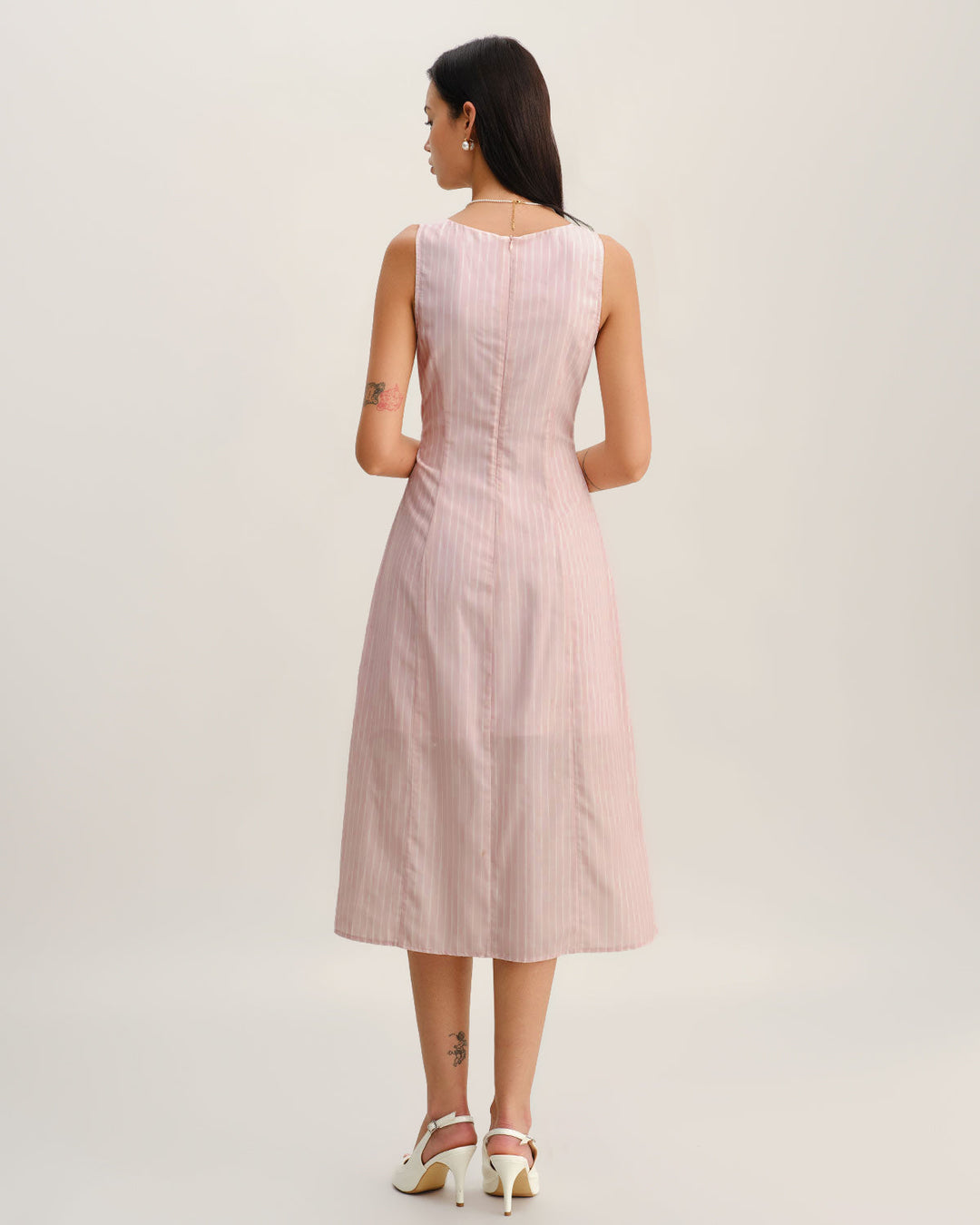 Morgan and Brooke | Striped V Neck Sleeveless Midi Dress in Pink