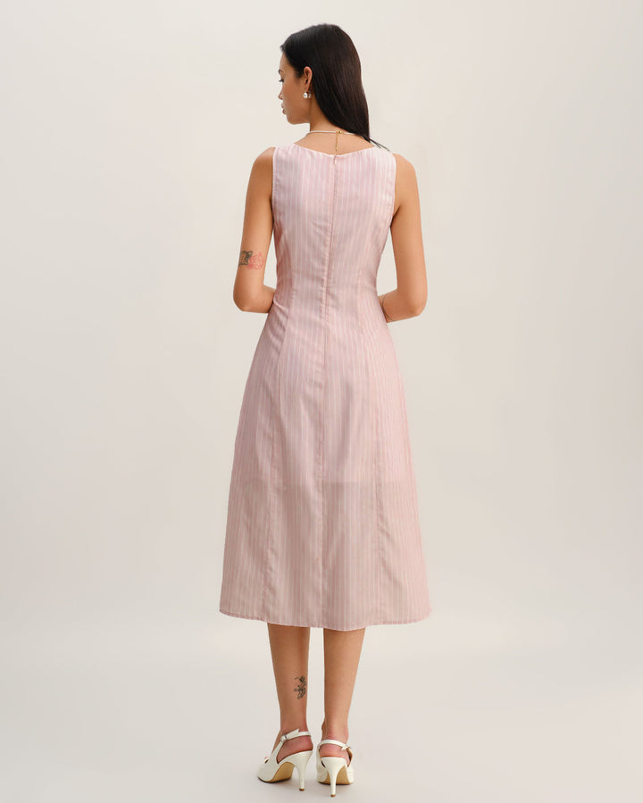 Morgan and Brooke | Striped V Neck Sleeveless Midi Dress in Pink
