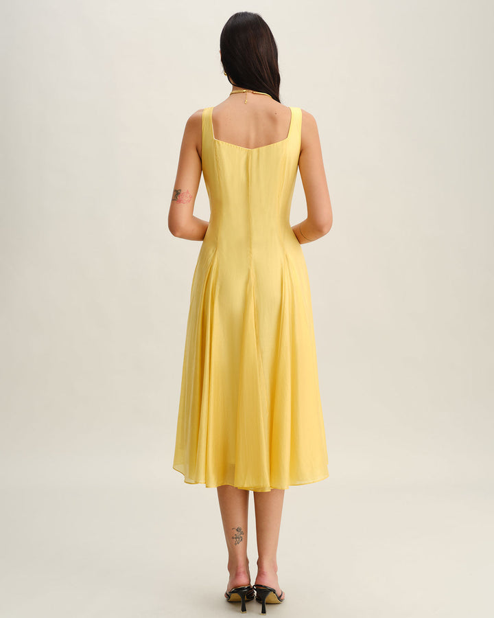 Morgan and Brooke | Yellow Square Neck Pleated Midi Dress