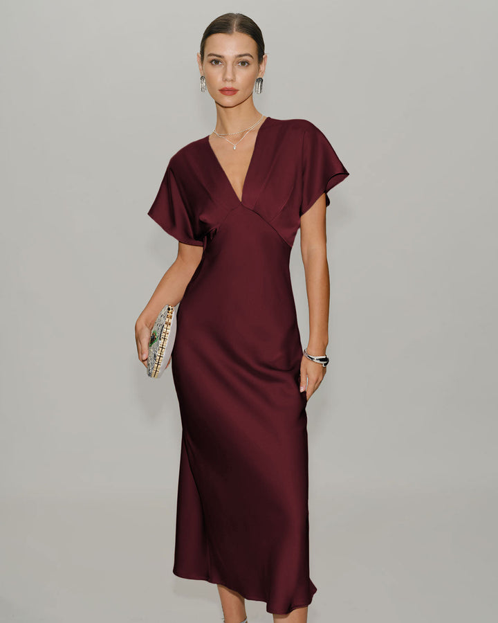 Morgan and Brooke | Satin Cowl Sleeve Midi Dress for Women in Wine Red