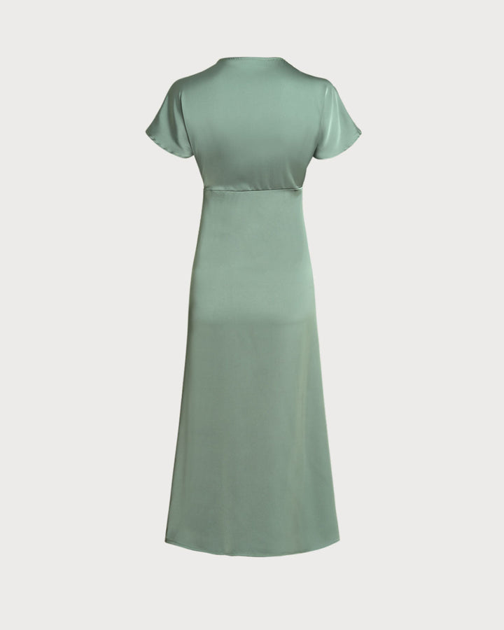 Morgan and Brooke | Satin V Neck A-Line Midi Dress in Green