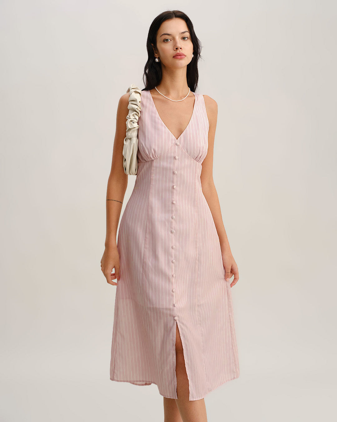 Morgan and Brooke | Striped V Neck Sleeveless Midi Dress in Pink