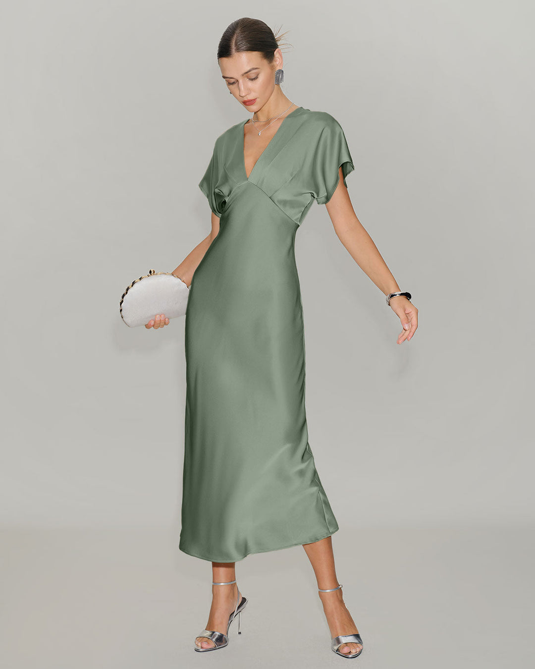 Morgan and Brooke | Satin V Neck A-Line Midi Dress in Green