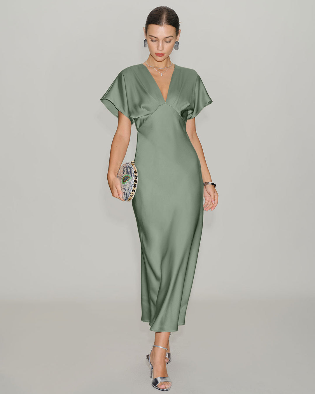 Morgan and Brooke | Satin V Neck A-Line Midi Dress in Green