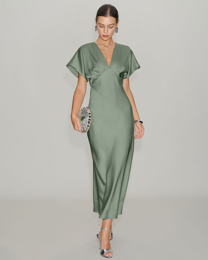 Morgan and Brooke | Satin V Neck A-Line Midi Dress in Green