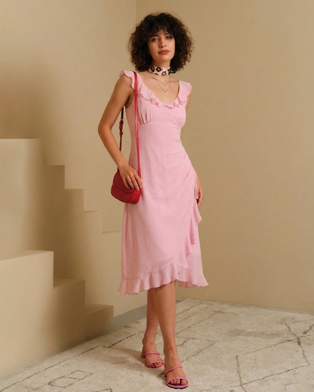 Morgan and Brooke | Pink V Neck Ruffle Midi Dress