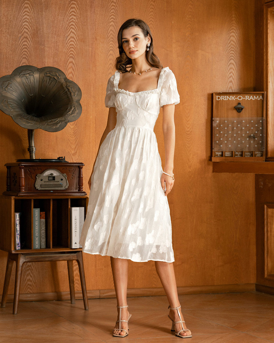 Morgan and Brooke | Beige Square Neck Puffed Sleeve Midi Dress