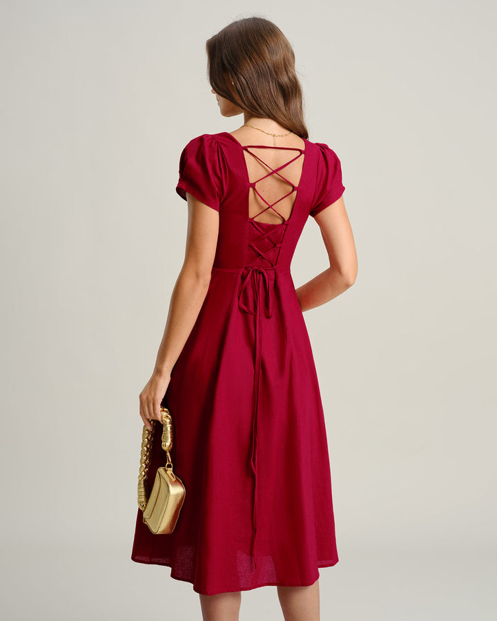 Morgan and Brooke | Wine Red Square Neck A-Line Midi Dress