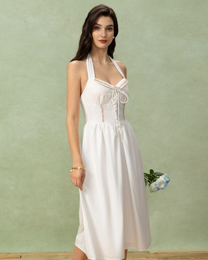 Morgan and Brooke | White Embroidered A-Line Halter Midi Dress