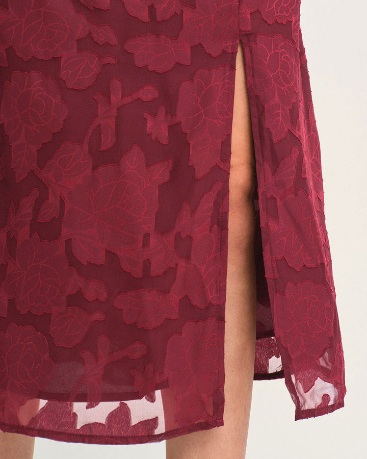 Morgan and Brooke | Wine Red Jacquard Slit Midi Dress