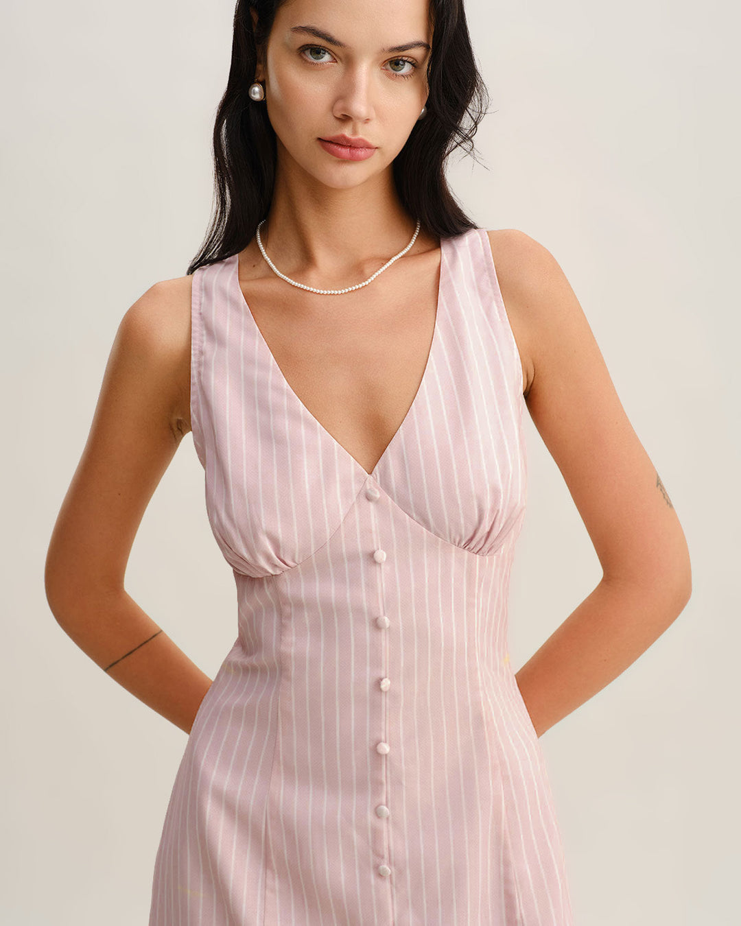 Morgan and Brooke | Striped V Neck Sleeveless Midi Dress in Pink