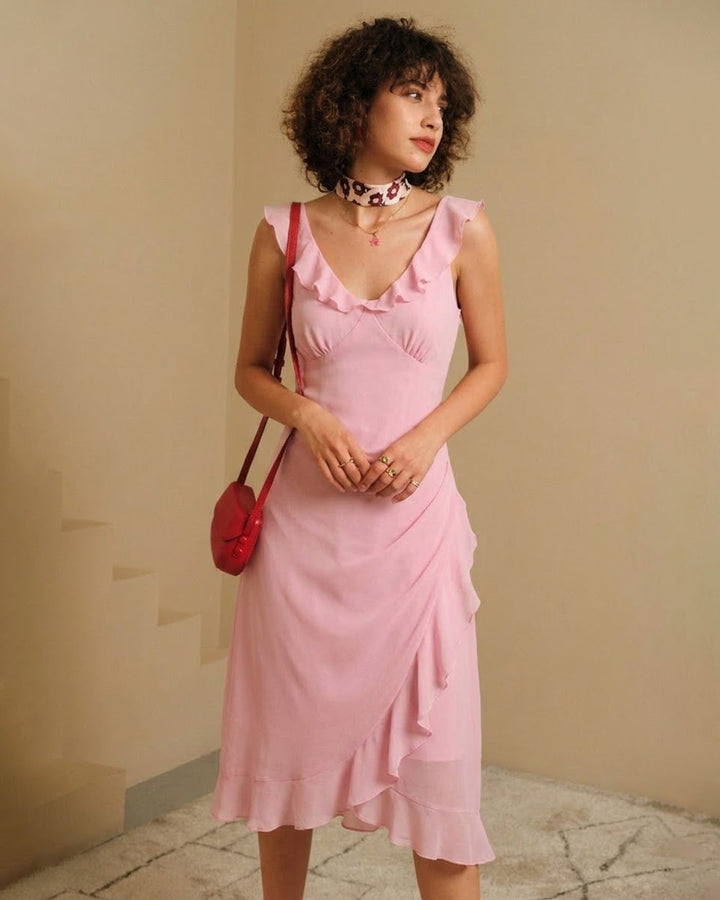 Morgan and Brooke | Pink V Neck Ruffle Midi Dress