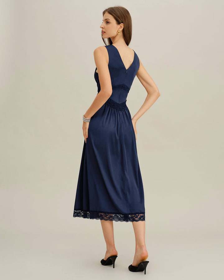 Morgan and Brooke | V Neck A-Line Sleeveless Midi Dress, Blue
