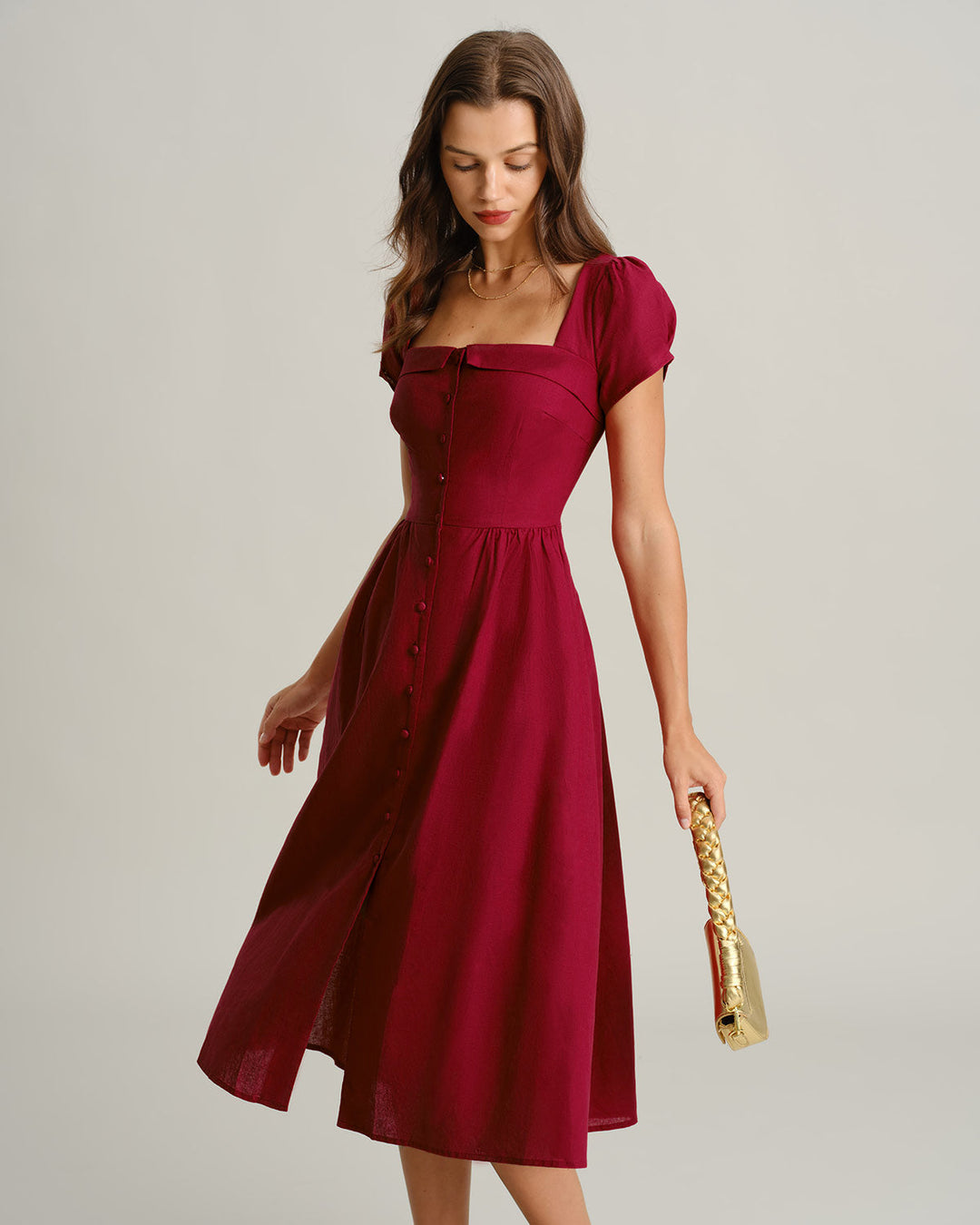 Morgan and Brooke | Wine Red Square Neck A-Line Midi Dress