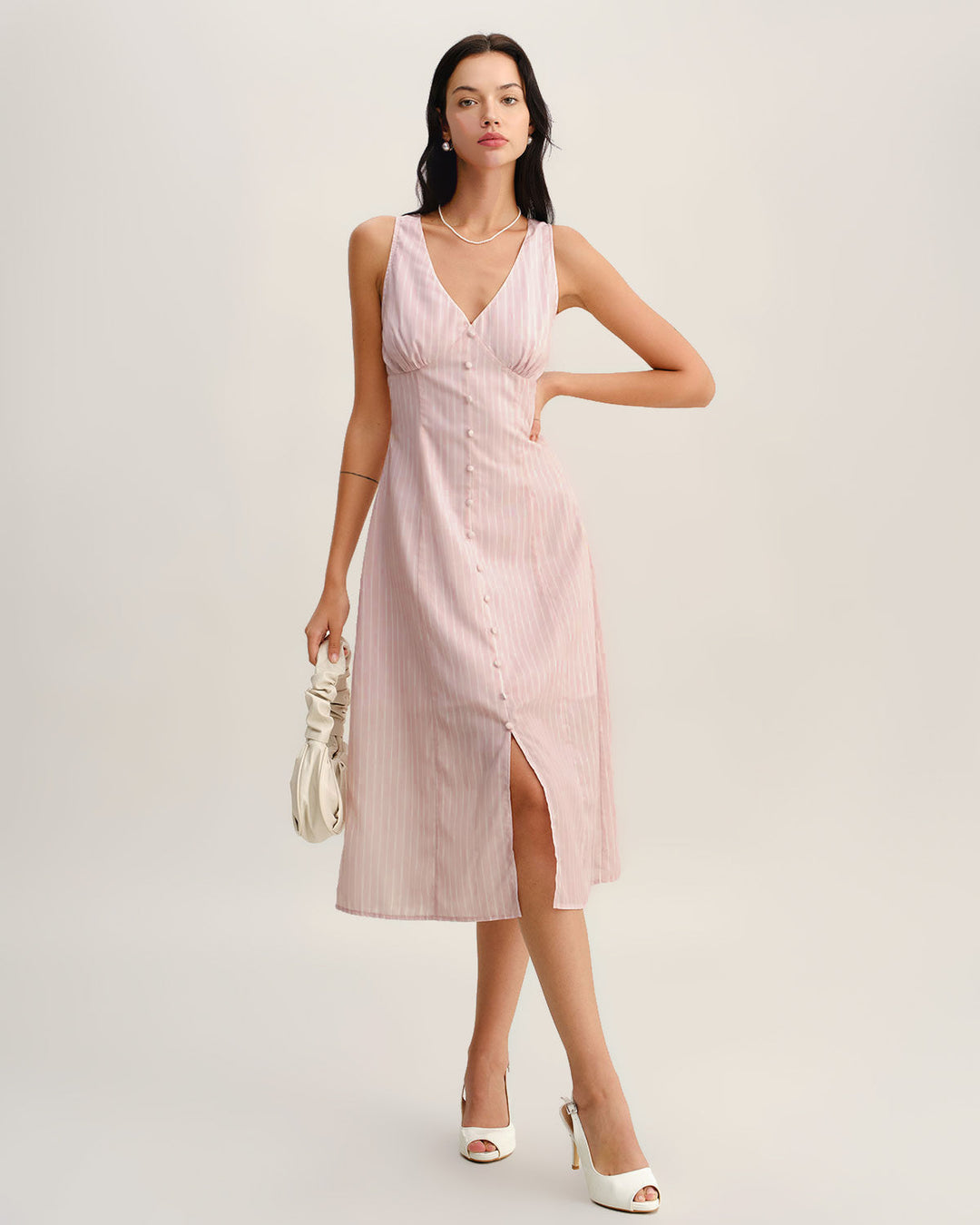 Morgan and Brooke | Striped V Neck Sleeveless Midi Dress in Pink