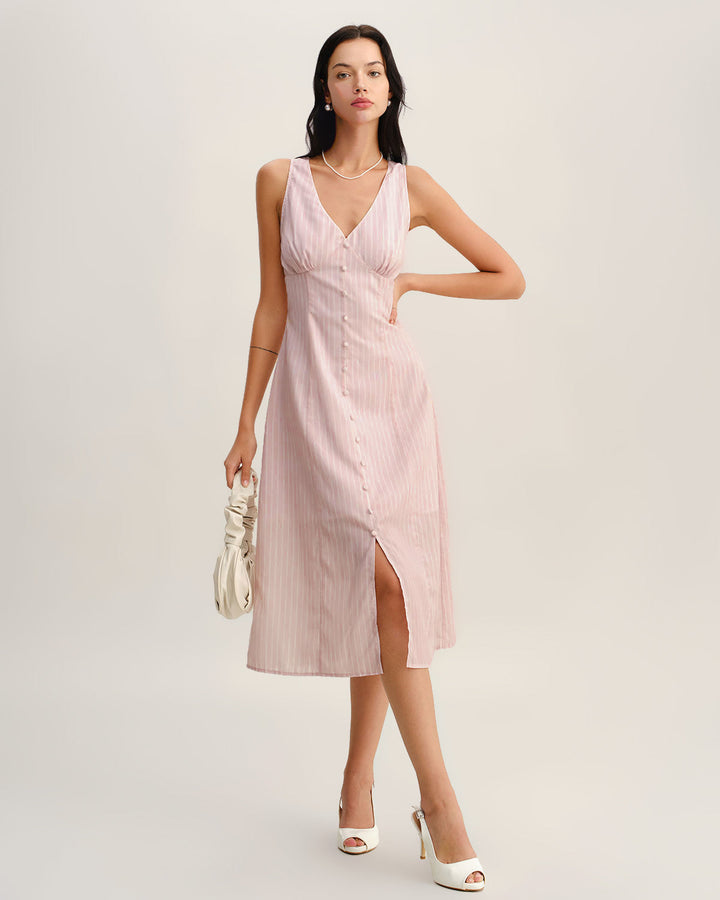 Morgan and Brooke | Striped V Neck Sleeveless Midi Dress in Pink