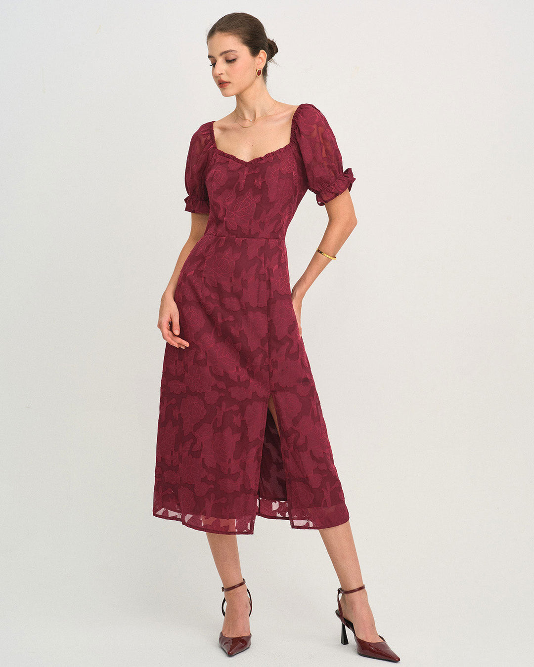 Morgan and Brooke | Wine Red Jacquard Slit Midi Dress