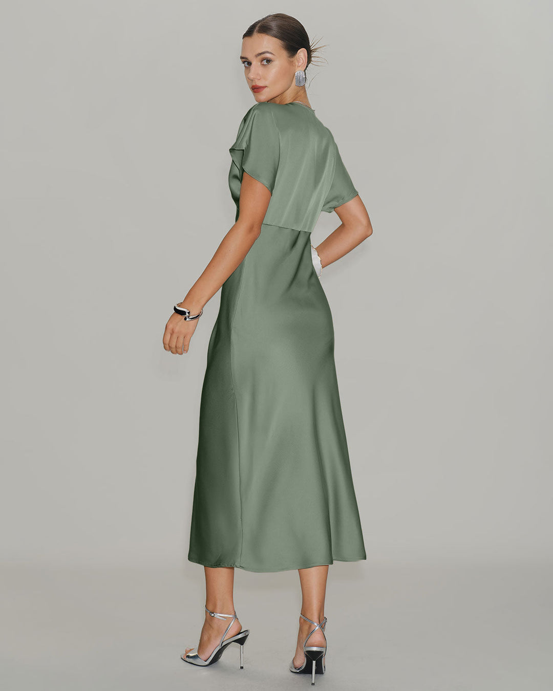 Morgan and Brooke | Satin V Neck A-Line Midi Dress in Green