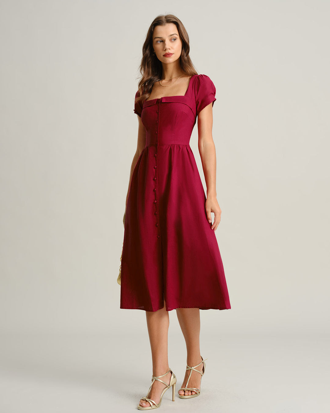 Morgan and Brooke | Wine Red Square Neck A-Line Midi Dress