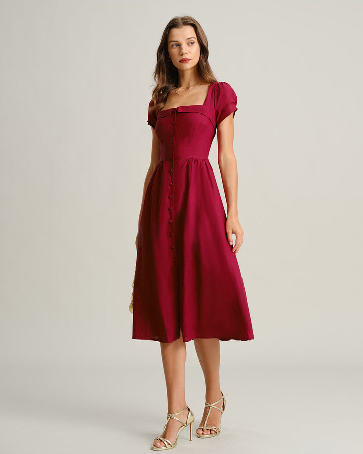 Morgan and Brooke | Wine Red Square Neck A-Line Midi Dress