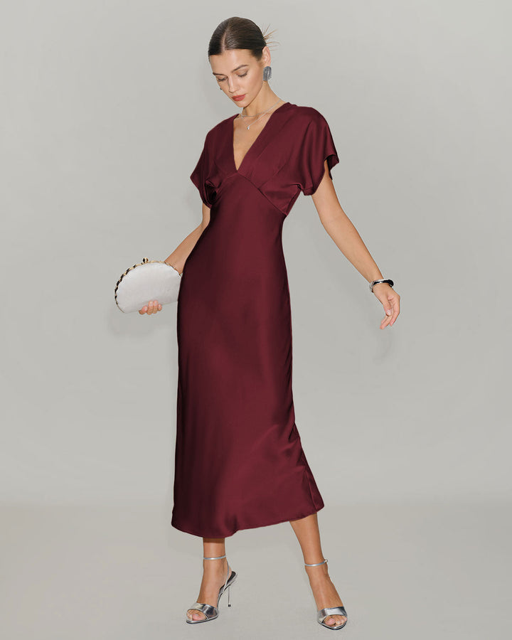 Morgan and Brooke | Satin Cowl Sleeve Midi Dress for Women in Wine Red