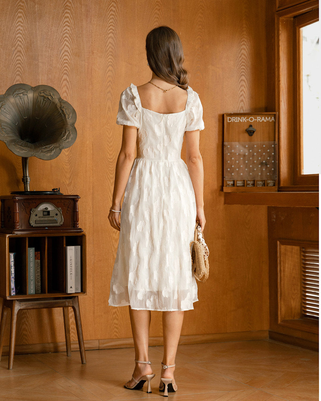 Morgan and Brooke | Beige Square Neck Puffed Sleeve Midi Dress
