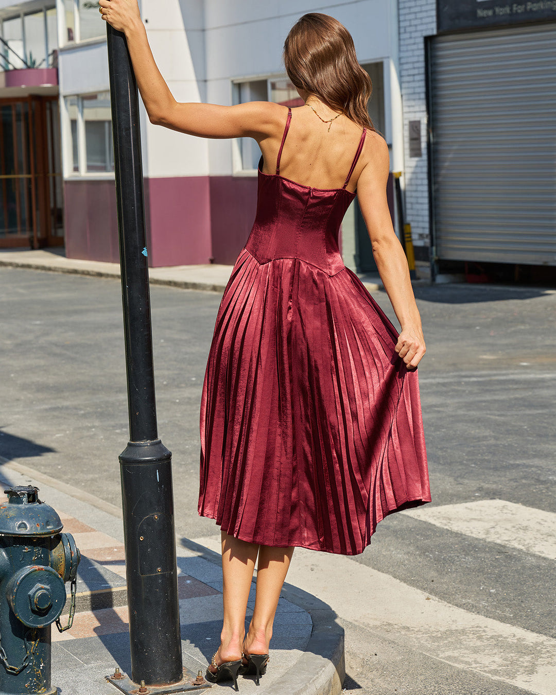 Morgan and Brooke | Ruched A-Line Slip Midi Dress in Wine Red