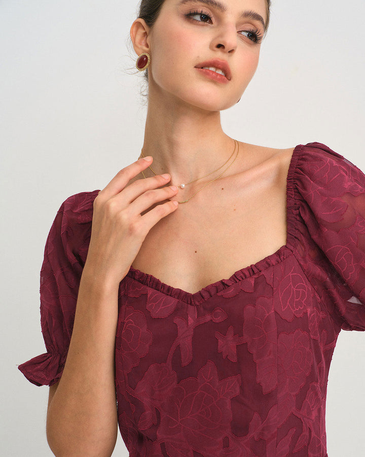 Morgan and Brooke | Wine Red Jacquard Slit Midi Dress