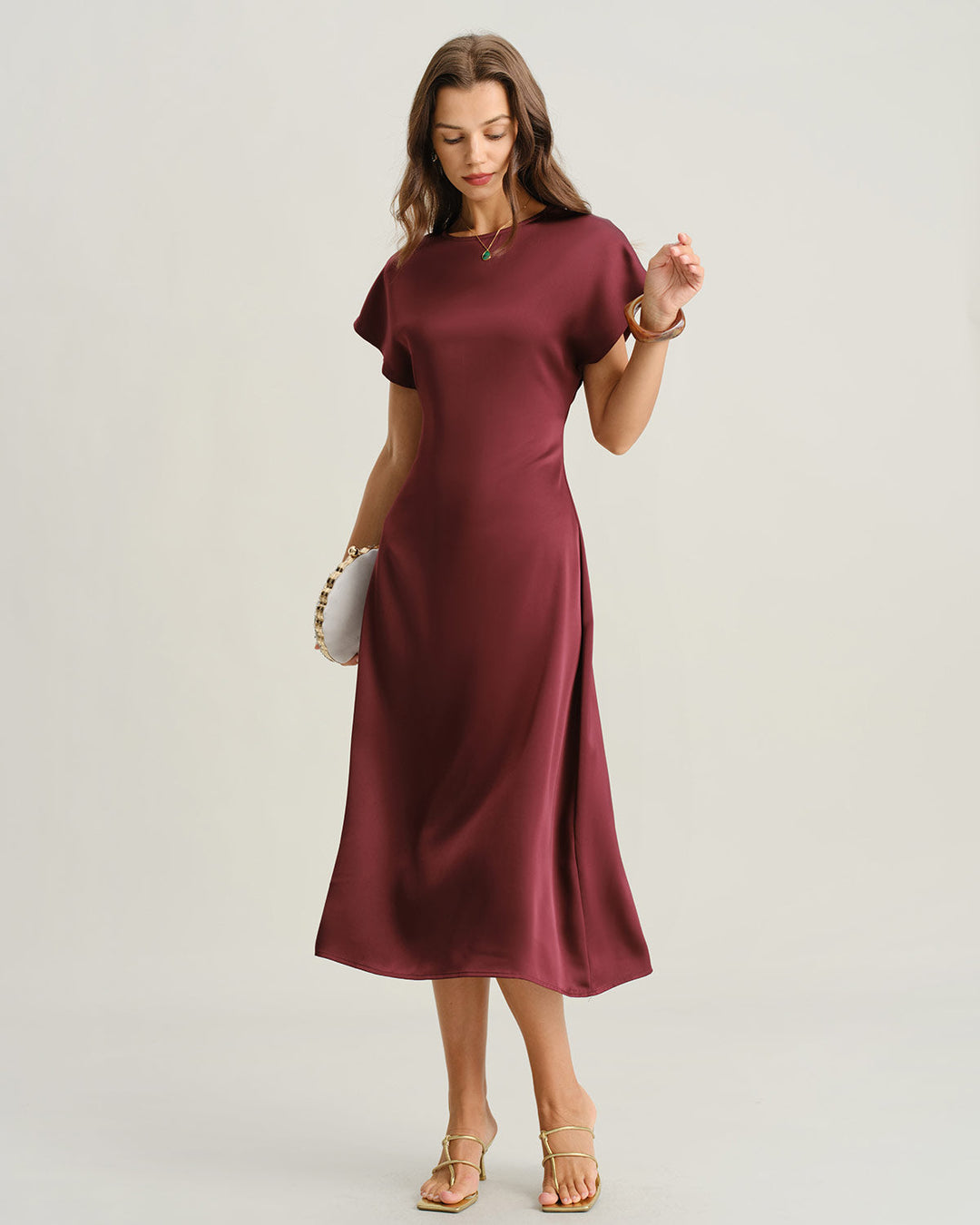 Morgan and Brooke | Satin Cowl Sleeve A-Line Midi Dress in Red