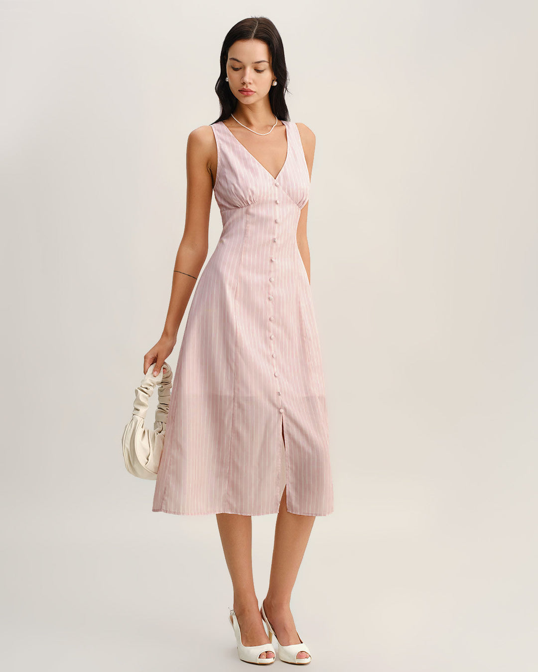 Morgan and Brooke | Striped V Neck Sleeveless Midi Dress in Pink