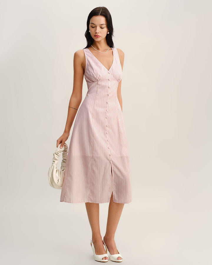 Morgan and Brooke | Striped V Neck Sleeveless Midi Dress in Pink