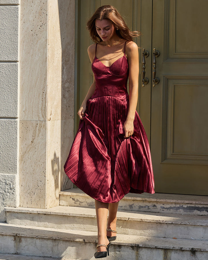 Morgan and Brooke | Ruched A-Line Slip Midi Dress in Wine Red