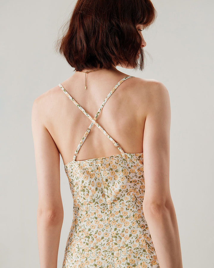 Morgan and Brooke | Floral Ruched Slip Midi Dress for Women in Yellow