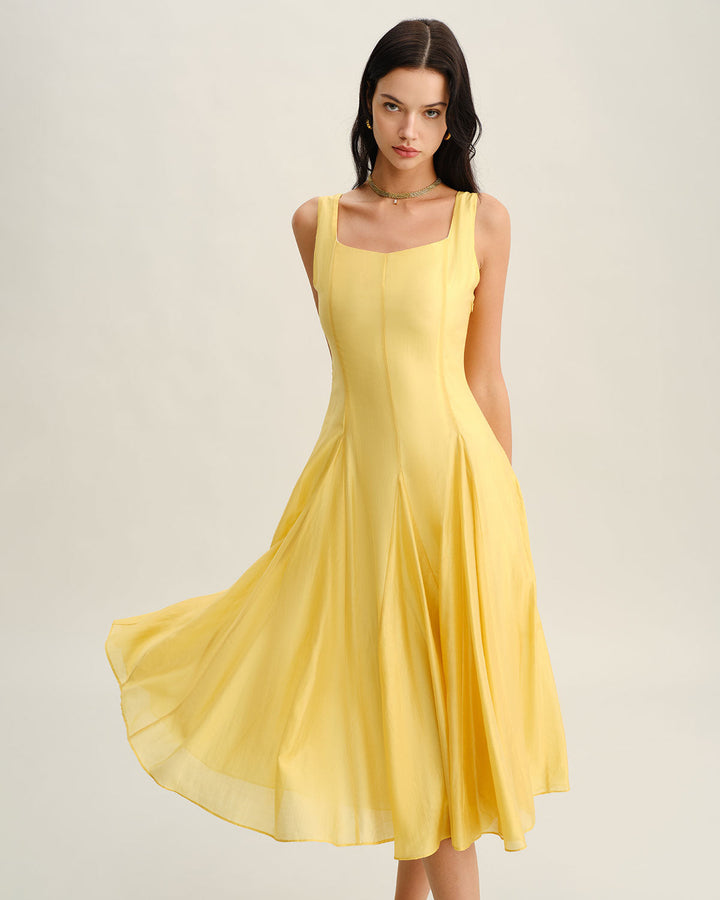 Morgan and Brooke | Yellow Square Neck Pleated Midi Dress