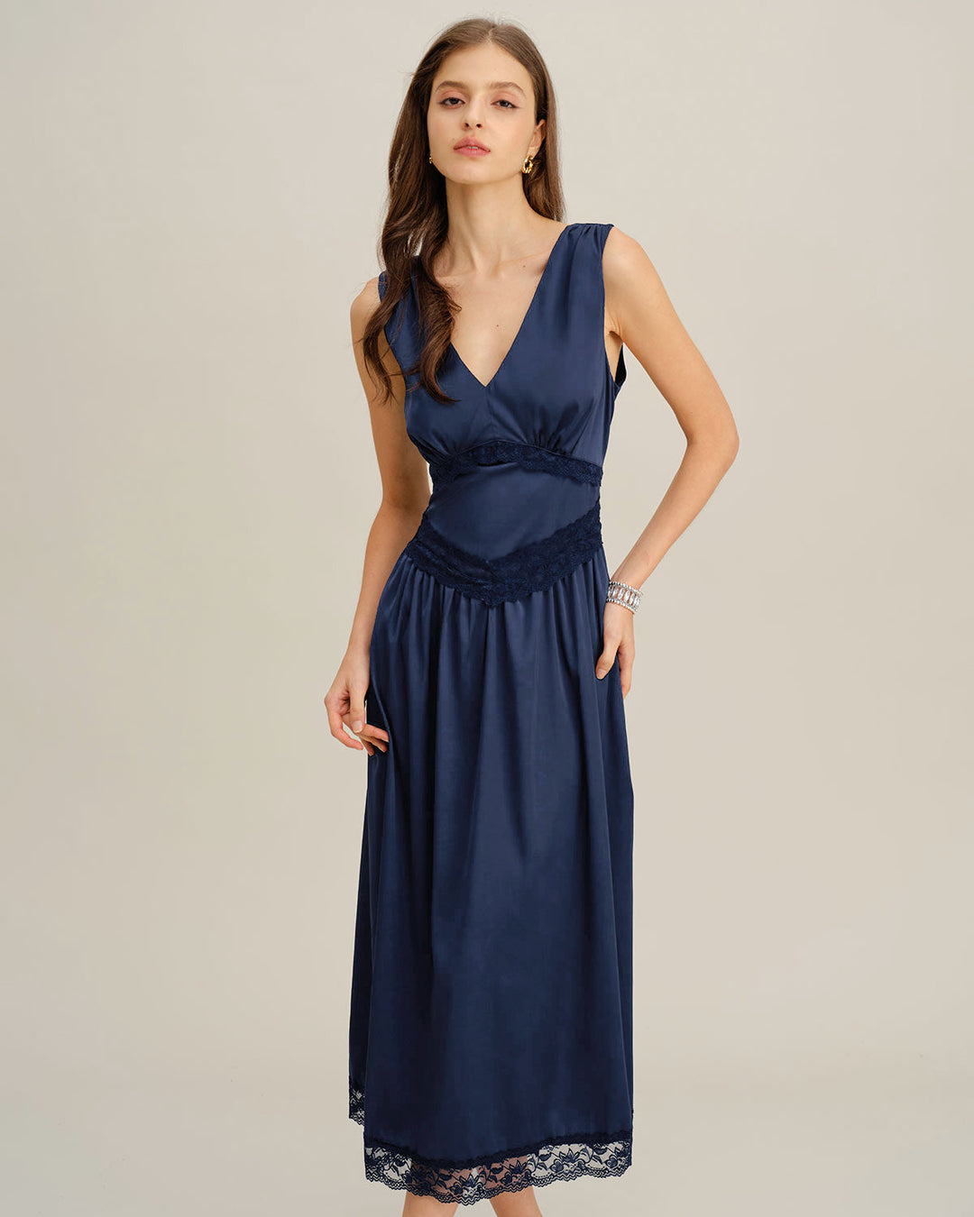 Morgan and Brooke | V Neck A-Line Sleeveless Midi Dress, Blue