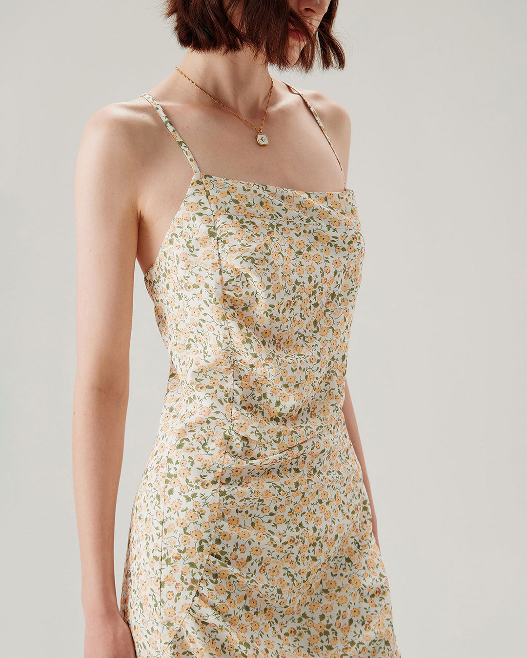 Morgan and Brooke | Floral Ruched Slip Midi Dress for Women in Yellow