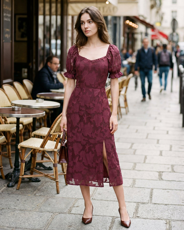 Morgan and Brooke | Wine Red Jacquard Slit Midi Dress
