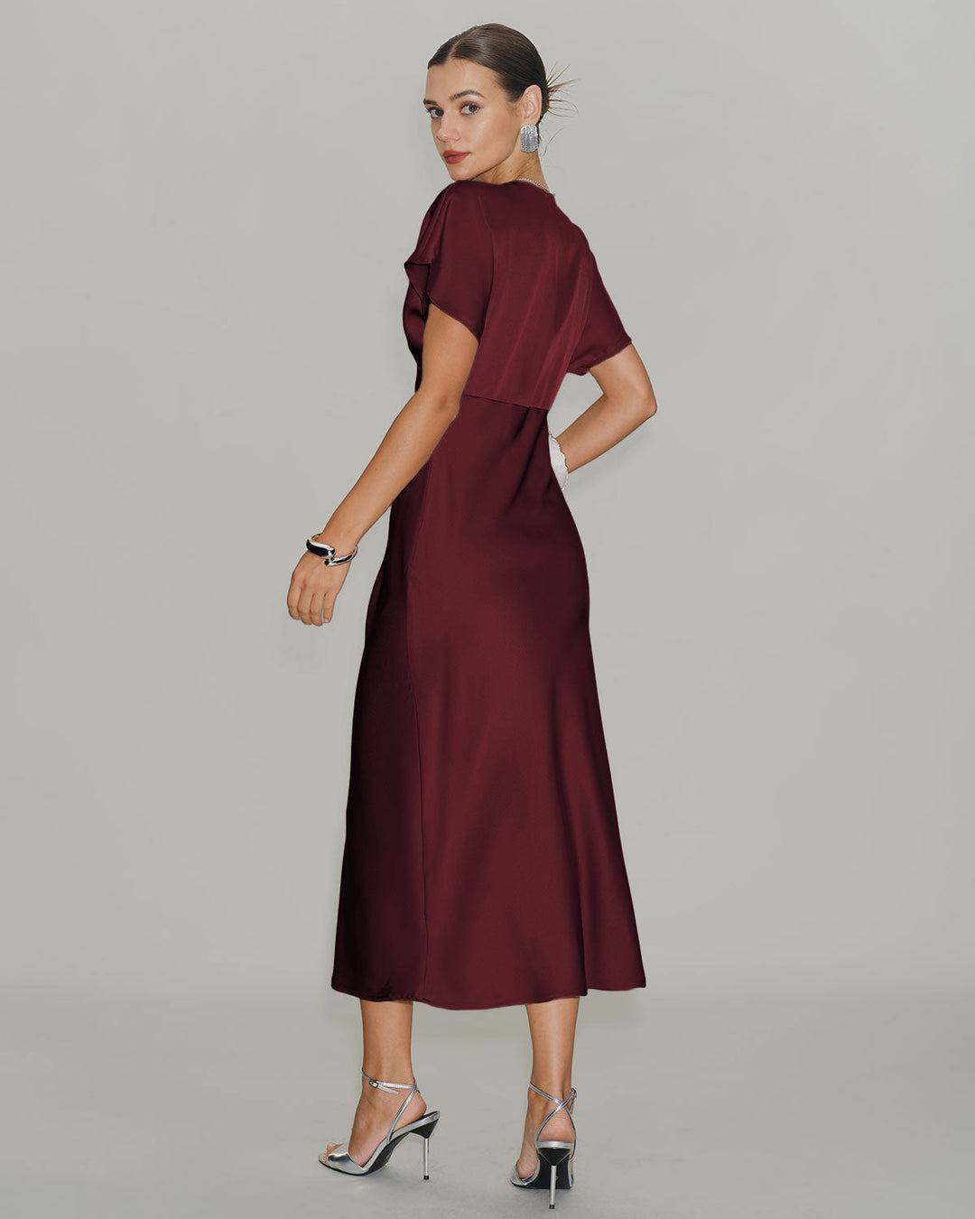 Morgan and Brooke | Satin Cowl Sleeve Midi Dress for Women in Wine Red
