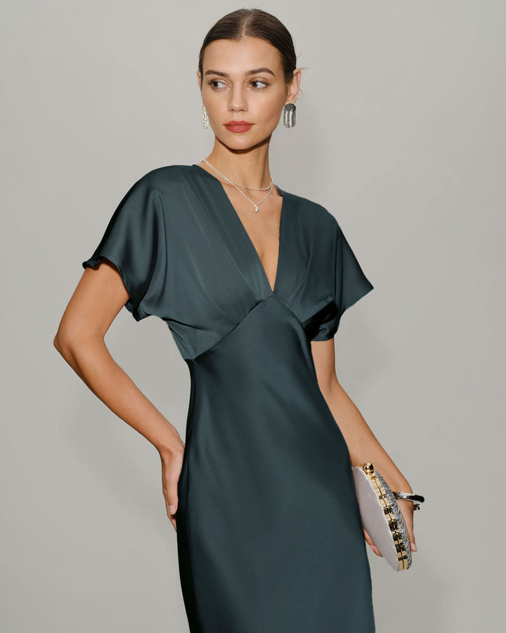Morgan and Brooke | Satin Cowl Sleeve Midi Dress in Grey Green