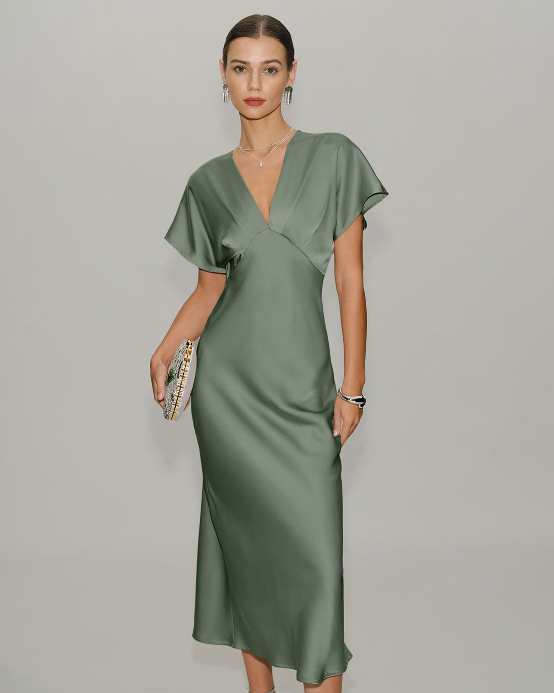 Morgan and Brooke | Satin V Neck A-Line Midi Dress in Green