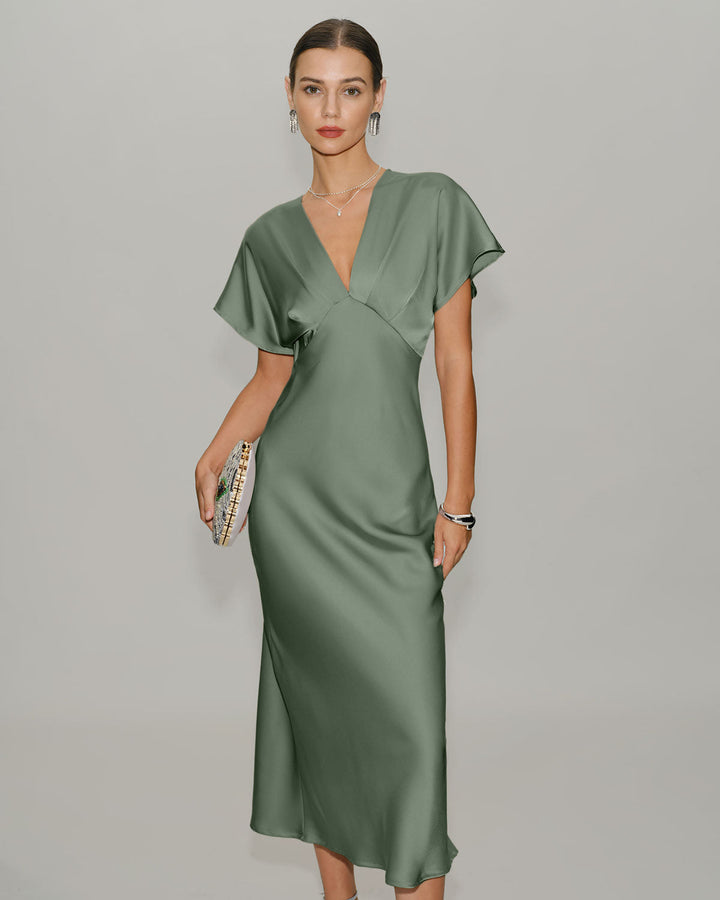 Morgan and Brooke | Satin V Neck A-Line Midi Dress in Green