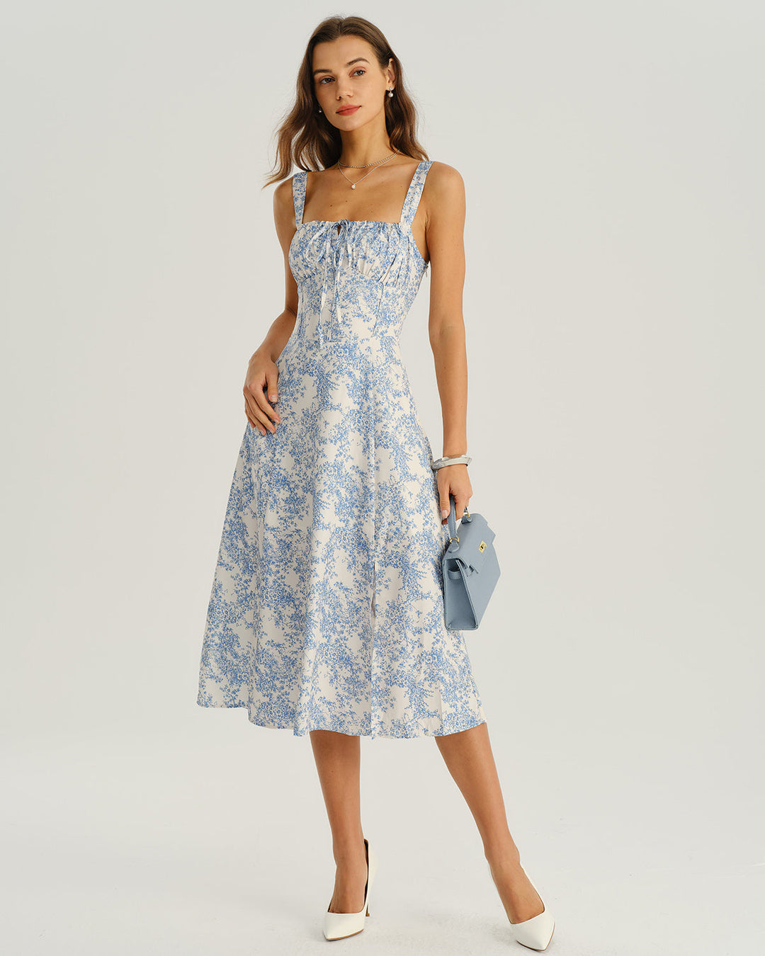 Morgan and Brooke | Floral Ruched Slip Midi Dress for Women in Blue