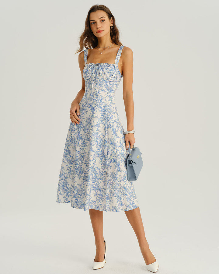 Morgan and Brooke | Floral Ruched Slip Midi Dress for Women in Blue