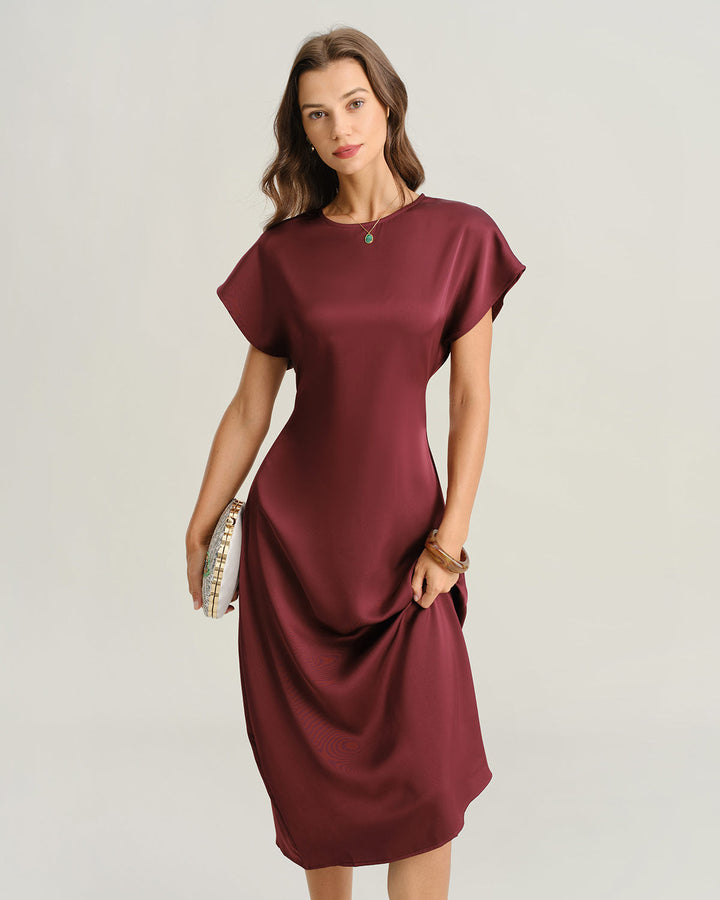 Morgan and Brooke | Satin Cowl Sleeve A-Line Midi Dress in Red
