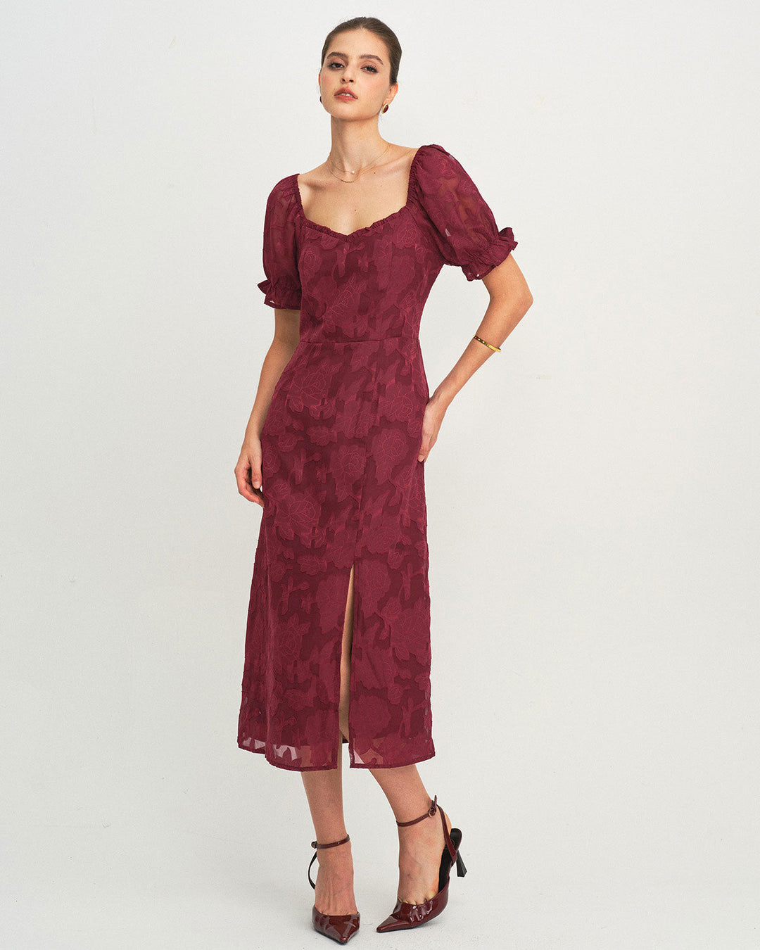 Morgan and Brooke | Wine Red Jacquard Slit Midi Dress