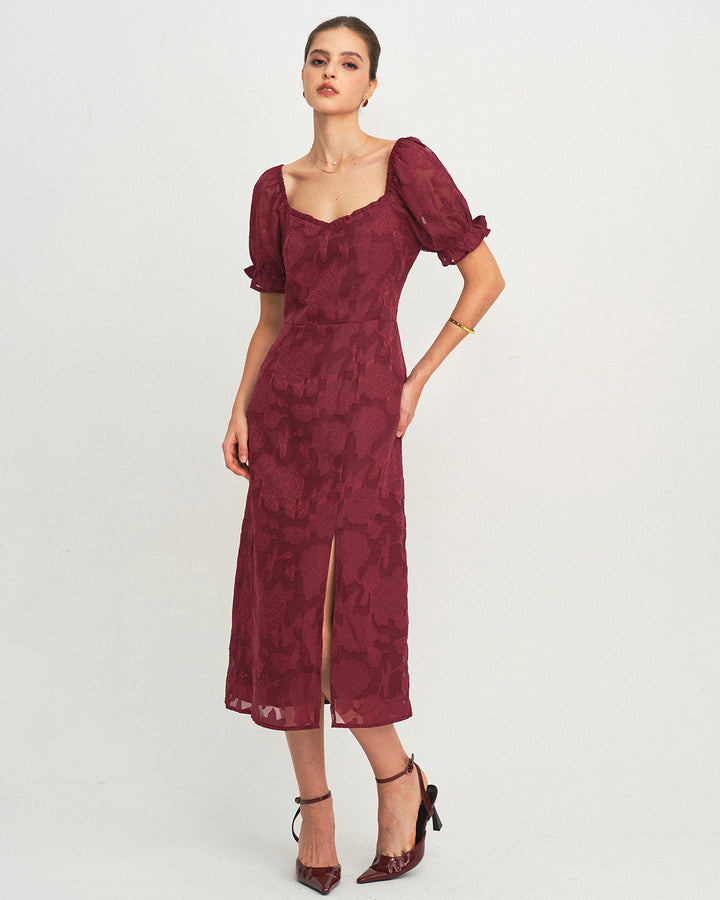 Morgan and Brooke | Wine Red Jacquard Slit Midi Dress