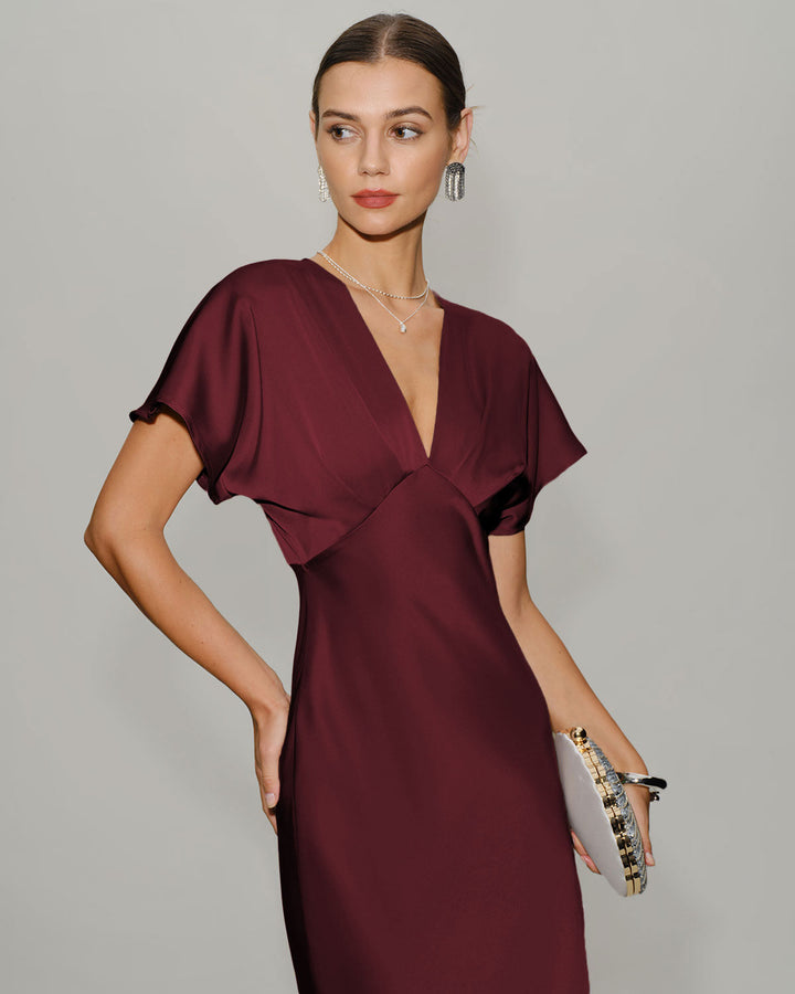 Morgan and Brooke | Satin Cowl Sleeve Midi Dress for Women in Wine Red