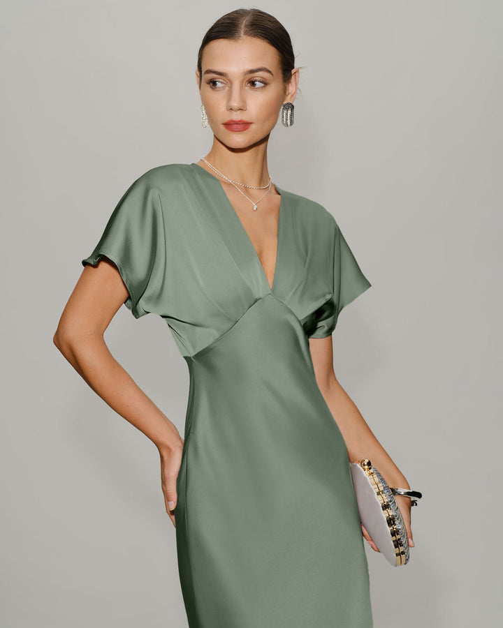 Morgan and Brooke | Satin V Neck A-Line Midi Dress in Green